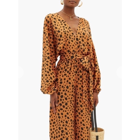Rhode Jumpsuit Blake Long Sleeve Wide Leg Satin Leopard Cheetah Print L NWT New - Picture 2 of 15